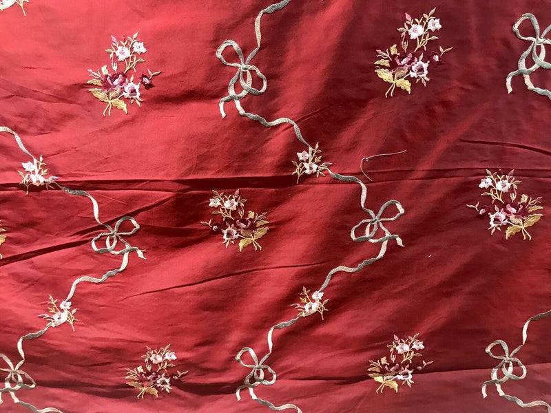 Princess Amelia Designer 100% Silk Taffeta Dupioni Embroidery Fabric- Floral Ribbon Red - Fancy Styles Fabric Pierre Frey Lee Jofa Brunschwig & Fils