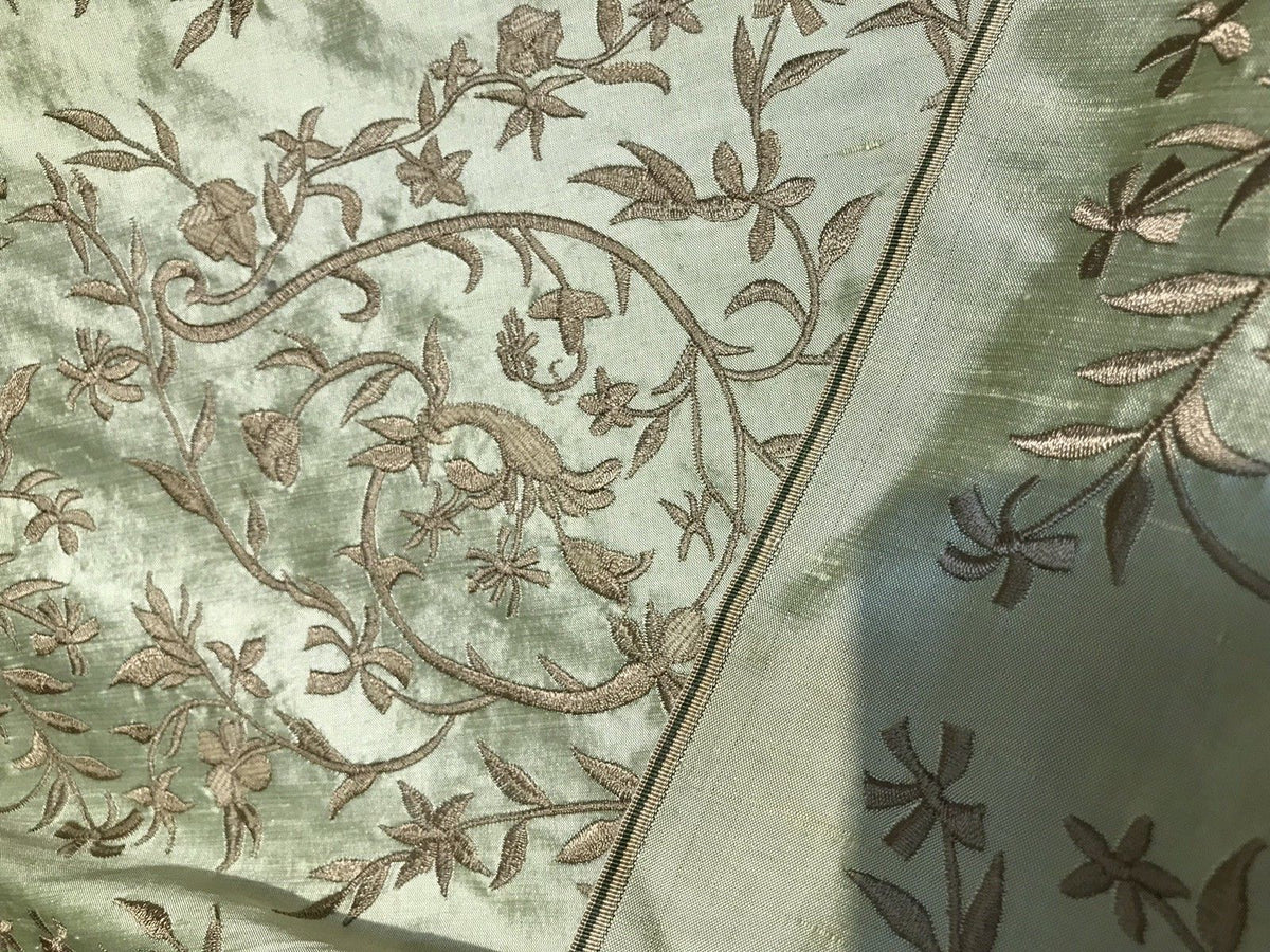 SALE! Designer 100% Silk Taffeta Dupioni Embroidery Floral Fabric - Mint Green - Fancy Styles Fabric Boutique