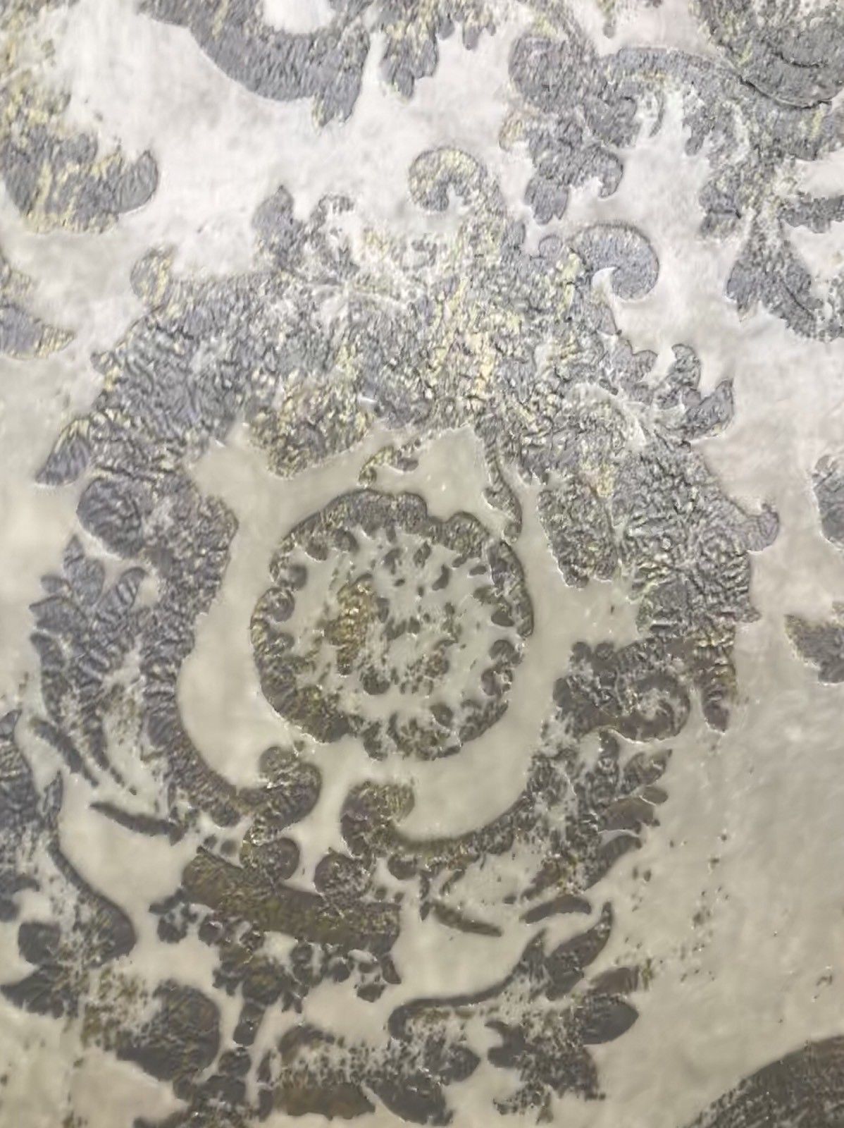 NEW! Antique Inspired Burnout Velvet Damask Fabric - White W/ Silver & Gray - Fancy Styles Fabric Boutique