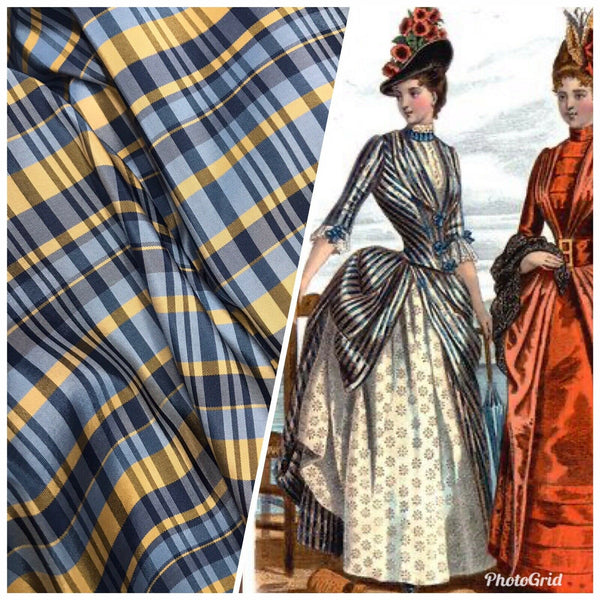 NEW Lady Riley Designer 100% Silk Taffeta Dupioni Plaid Tartan Fabric -Blue & Yellow - Fancy Styles Fabric Pierre Frey Lee Jofa Brunschwig & Fils