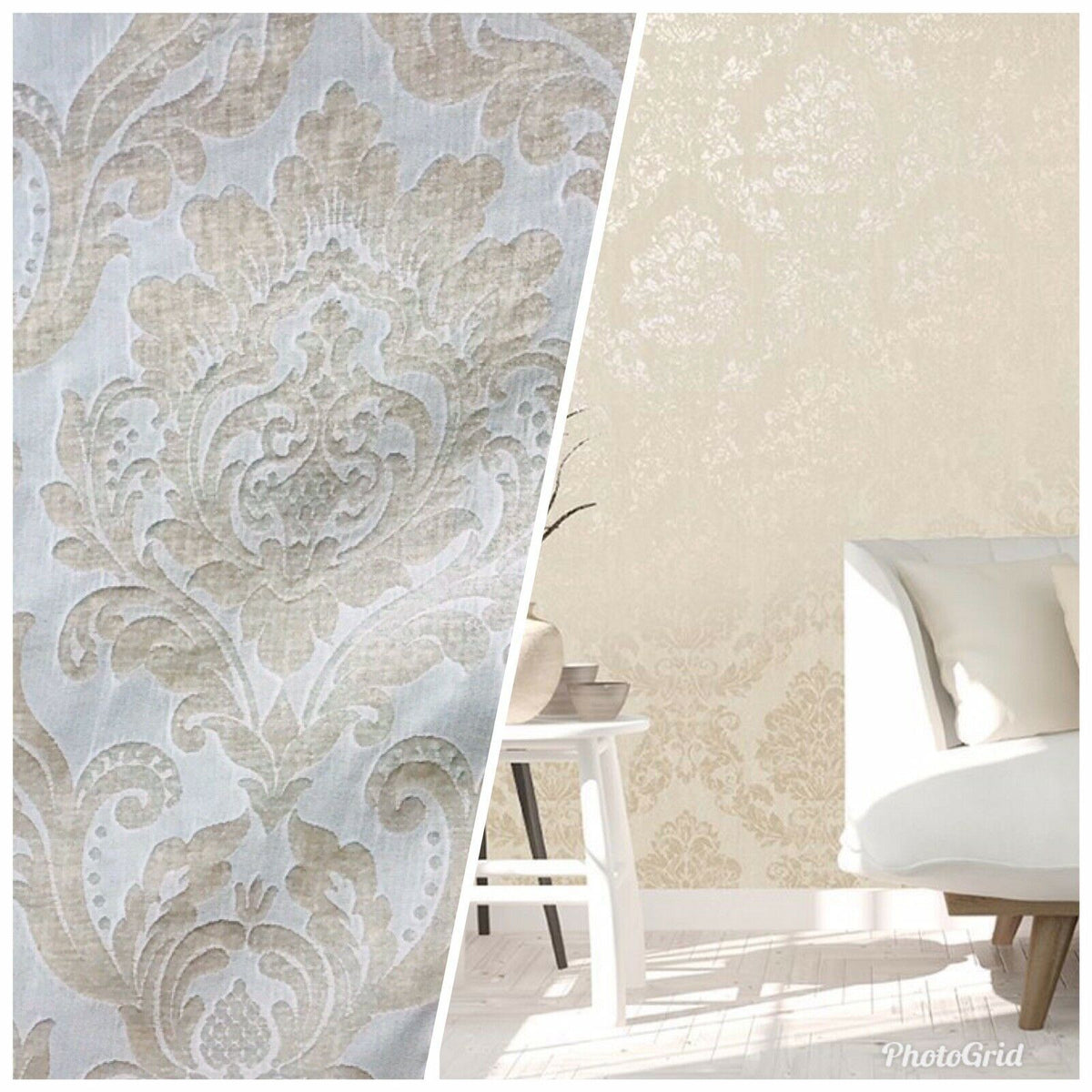 Queen Isabella Designer Drapery Damask Burnout Chenille Velvet Fabric - Pearl Ivory - Fancy Styles Fabric Pierre Frey Lee Jofa Brunschwig & Fils