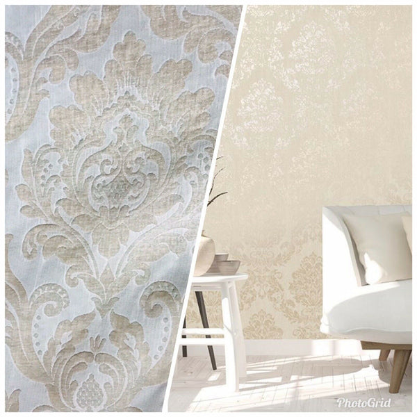 Queen Isabella Designer Drapery Damask Burnout Chenille Velvet Fabric - Pearl Ivory - Fancy Styles Fabric Pierre Frey Lee Jofa Brunschwig & Fils