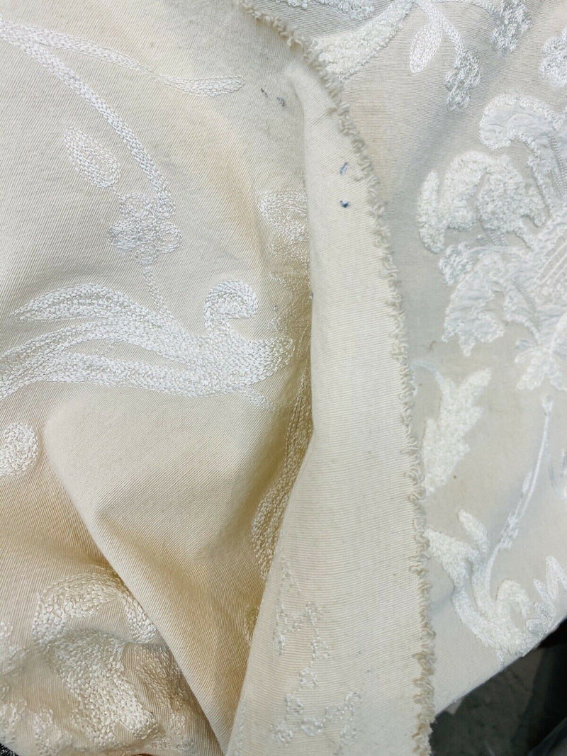 NEW! Lady Nora Novelty 100% Silk Fabric With Crewel Floral Embroidery- Ecru & White - Fancy Styles Fabric Pierre Frey Lee Jofa Brunschwig & Fils