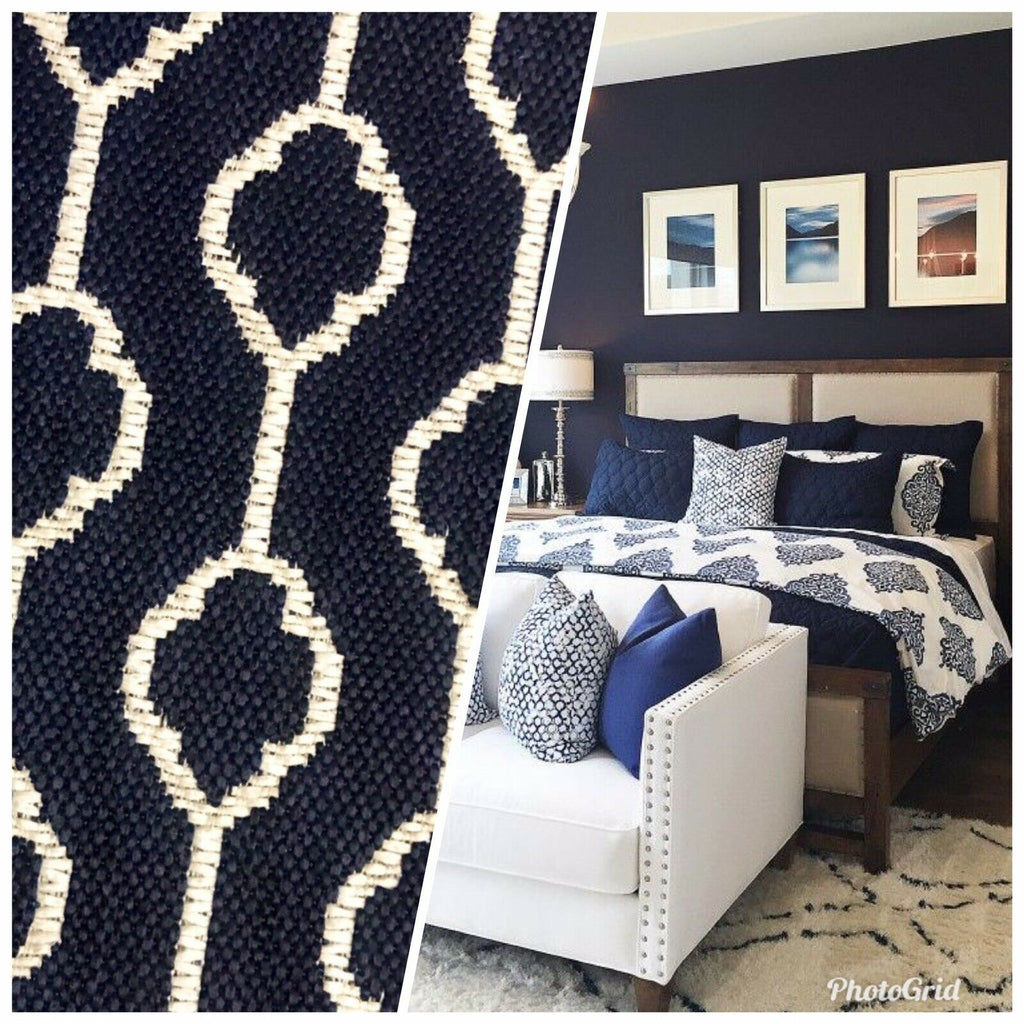 NEW Burnout Linen Inspired Upholstery Fabric- Indigo Blue Navy Geometric - Fancy Styles Fabric Pierre Frey Lee Jofa Brunschwig & Fils