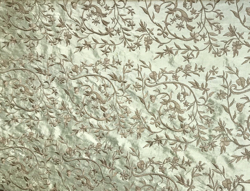 SWATCH Queen Daphne SALE! Designer 100% Silk Taffeta Dupioni Embroidery Floral Fabric - Mint Green - Fancy Styles Fabric Pierre Frey Lee Jofa Brunschwig & Fils