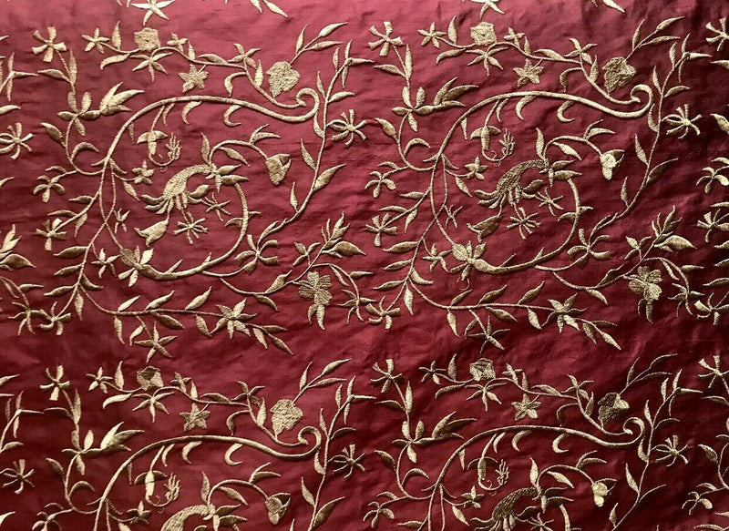 NEW! Queen Daphne 100% Silk Dupioni Embroidered Gold Floral Motif Drapery Fabric - Dark Red - Fancy Styles Fabric Pierre Frey Lee Jofa Brunschwig & Fils