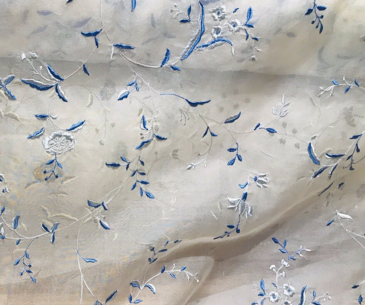 Princess Delphine 100% Silk Voile Organza Sheer Embroidery Drapery Fabric- Floral White & Blue - Fancy Styles Fabric Pierre Frey Lee Jofa Brunschwig & Fils