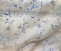 Princess Delphine 100% Silk Voile Organza Sheer Embroidery Drapery Fabric- Floral White & Blue - Fancy Styles Fabric Pierre Frey Lee Jofa Brunschwig & Fils