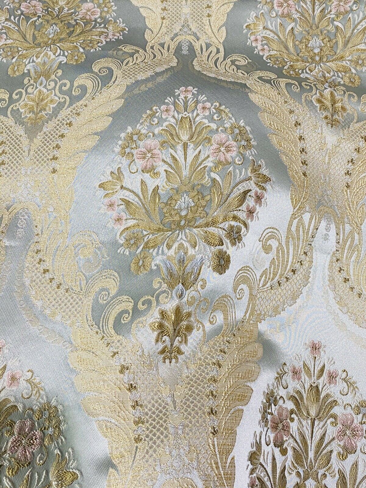 NEW Queen Antionette Novelty Ritz Neoclassical Brocade Damask Floral Satin Fabric - Louis Blue - Fancy Styles Fabric Pierre Frey Lee Jofa Brunschwig & Fils