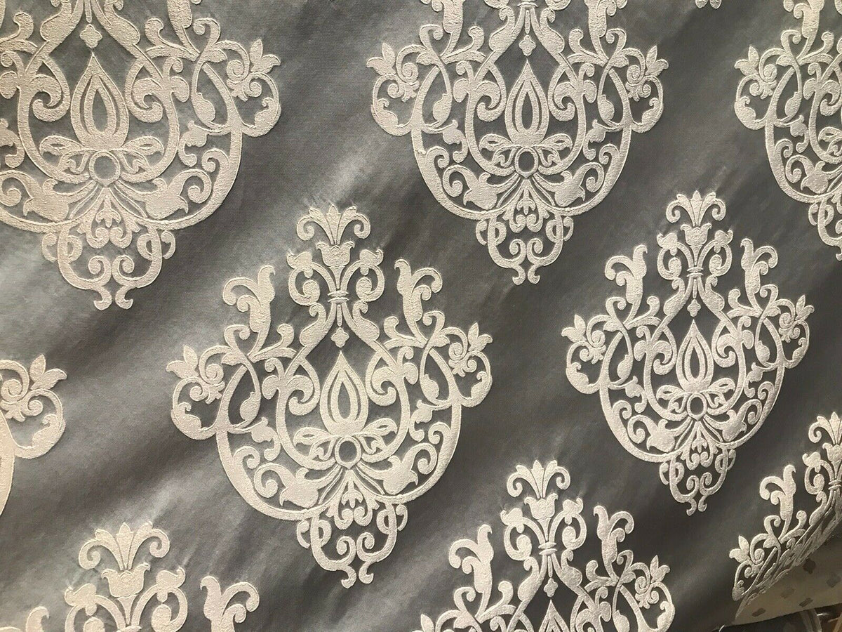 Sir Nathan Designer Brocade Satin Fabric- Charcoal Gray Ivory- Upholstery Damask - Fancy Styles Fabric Pierre Frey Lee Jofa Brunschwig & Fils