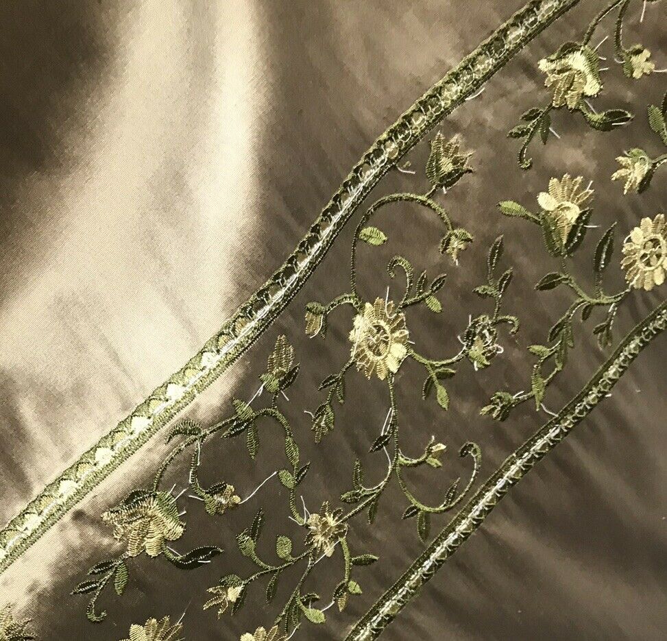 NEW! Lady Margot 100% Silk Dupioni Embroidered Floral Stripes Fabric- Khaki & Green - Fancy Styles Fabric Pierre Frey Lee Jofa Brunschwig & Fils