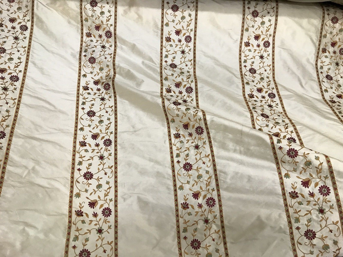 Designer 100% Silk Taffeta Embroidery Fabric - Antique Light Beige Floral - Fancy Styles Fabric Pierre Frey Lee Jofa