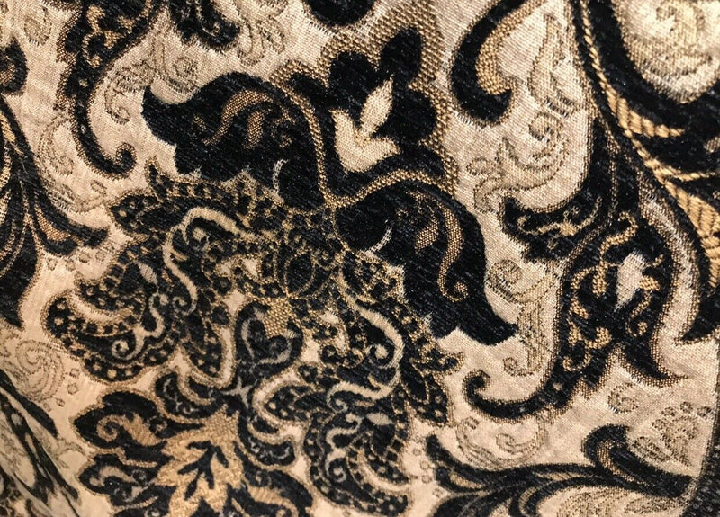 King Christopher Designer Velvet Chenille Burnout Damask Brocade Fabric - Black Beige Gold BTY - Fancy Styles Fabric Pierre Frey Lee Jofa Brunschwig & Fils
