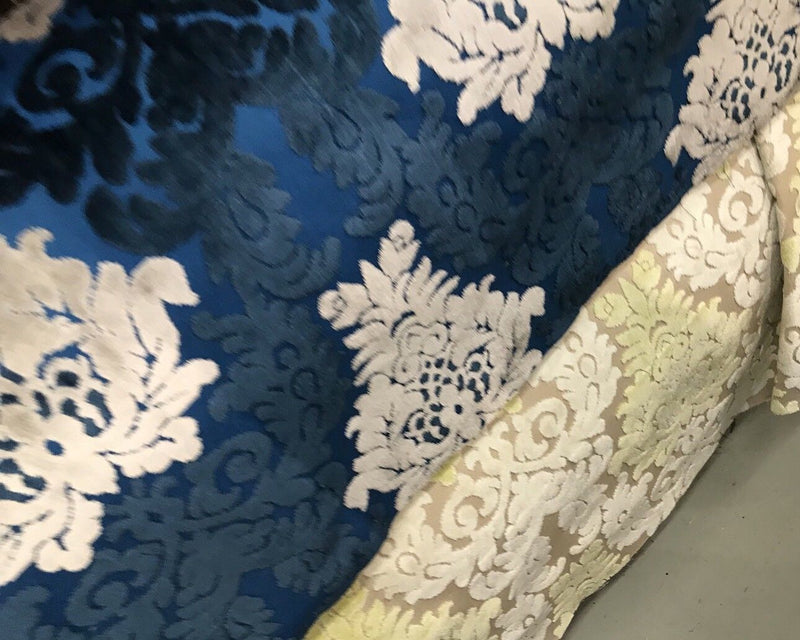 Designer Italian Burnout Damask Chenille Velvet Fabric Blue Ivory- Upholstery - Fancy Styles Fabric Pierre Frey Lee Jofa Brunschwig & Fils