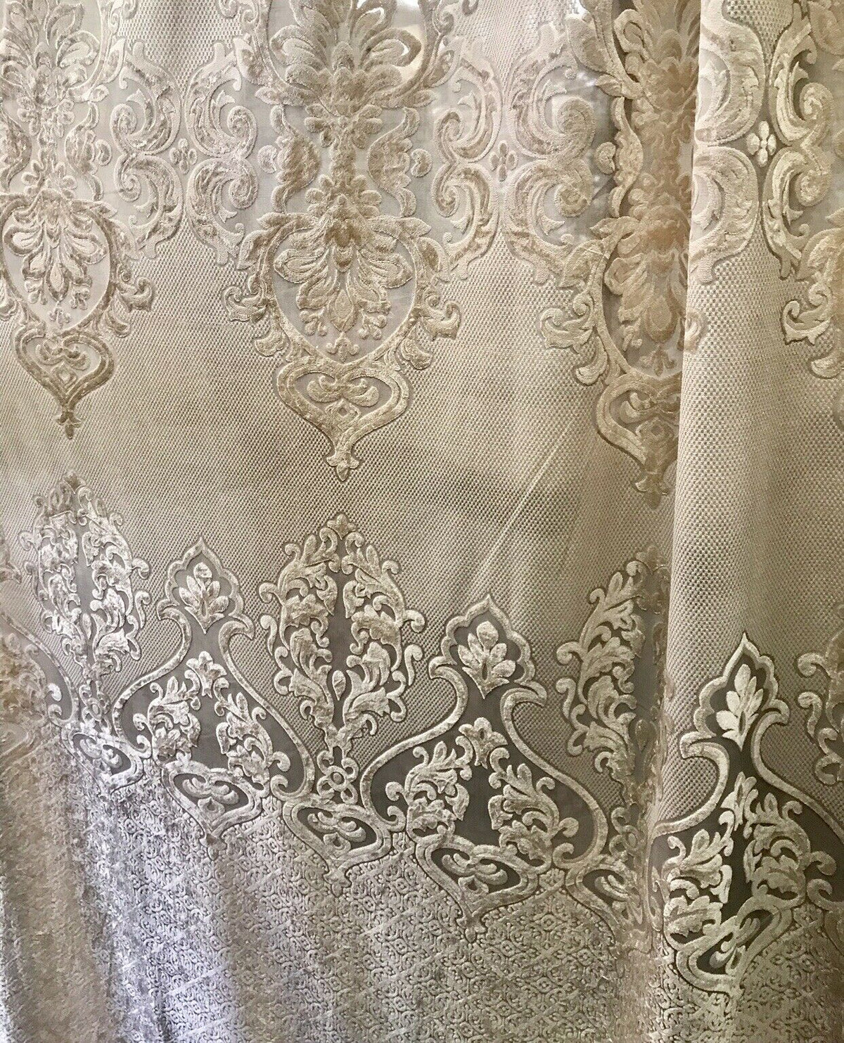 NEW! 112” Wide Designer Sheer Burnout Velvet Lace Drapery Fabric- Shell Pearl - Fancy Styles Fabric Pierre Frey Lee Jofa Brunschwig & Fils