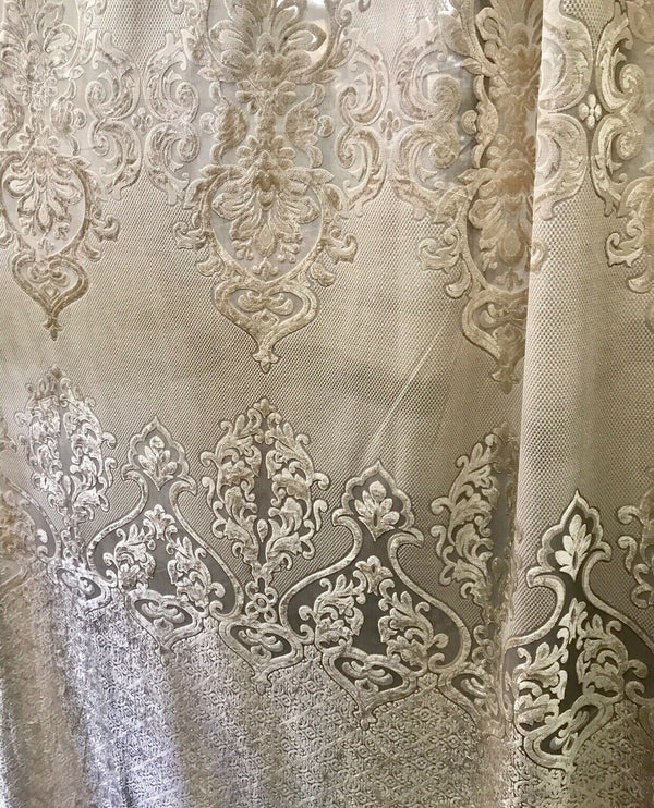 NEW! 112” Wide Designer Sheer Burnout Velvet Lace Drapery Fabric- Shell Pearl - Fancy Styles Fabric Pierre Frey Lee Jofa Brunschwig & Fils