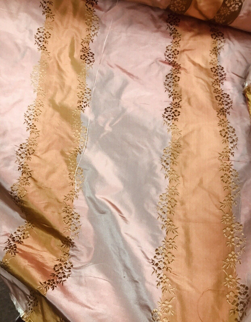 Designer Lady Kristen 100% Silk Taffeta Embroidered Stripe Floral Fabric- Pink & Copper - Fancy Styles Fabric Pierre Frey Lee Jofa Brunschwig & Fils