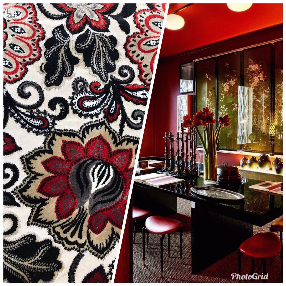 NEW Novelty Belgium Burnout Chenille Velvet Fabric Upholstery- Red Floral - Fancy Styles Fabric Boutique