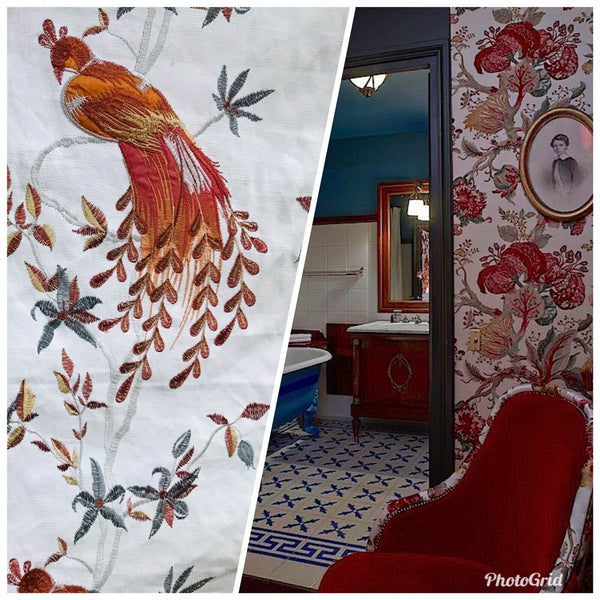 NEW! Lady Patrice Designer Embroidered Peacock Drapery Fabric  - Rust Orange Blue-Grey G11 - Fancy Styles Fabric Pierre Frey Lee Jofa Brunschwig & Fils