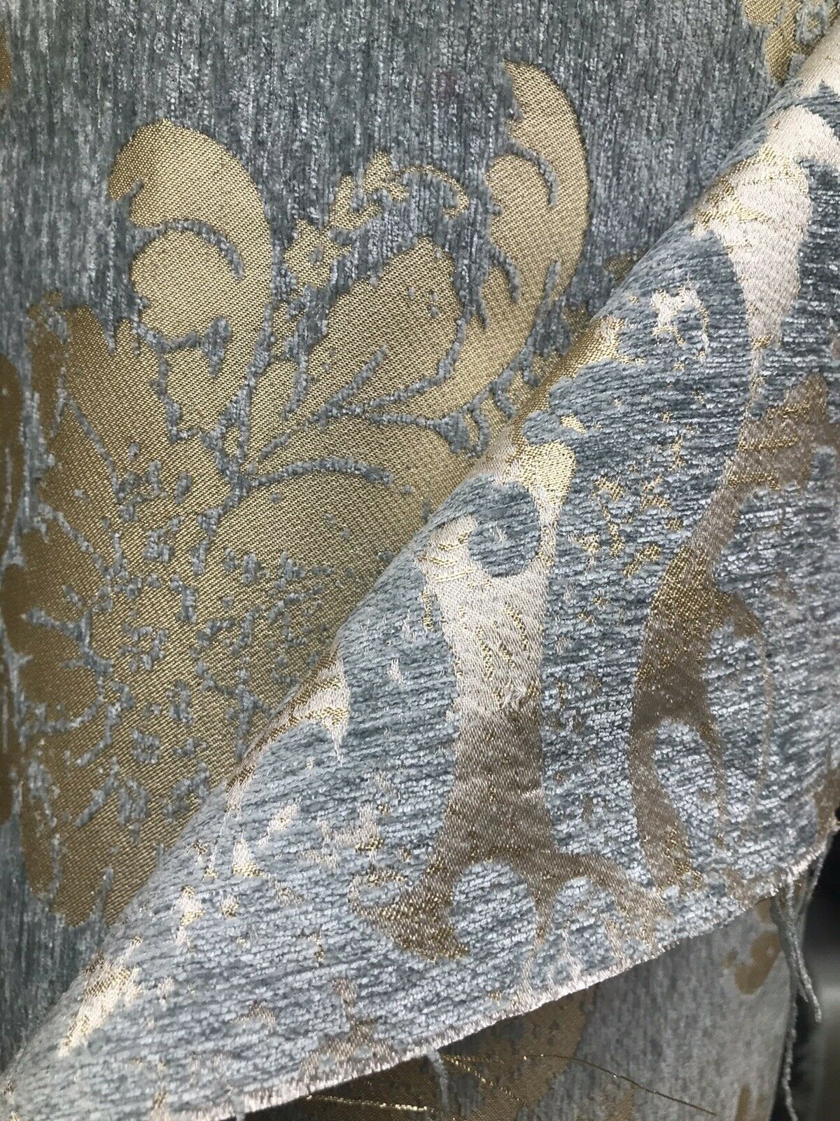Lord Augustin Designer Velvet Chenille Burnout Damask Upholstery Fabric - Blue & Gold - Fancy Styles Fabric Pierre Frey Lee Jofa Brunschwig & Fils