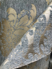Lord Augustin Designer Velvet Chenille Burnout Damask Upholstery Fabric - Blue & Gold - Fancy Styles Fabric Pierre Frey Lee Jofa Brunschwig & Fils
