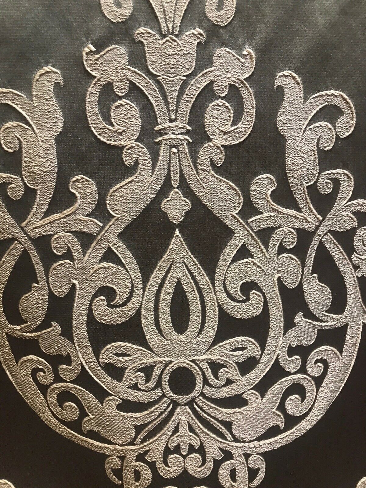 Sir Nathan Designer Brocade Satin Fabric- Charcoal Gray Ivory- Upholstery Damask - Fancy Styles Fabric Pierre Frey Lee Jofa Brunschwig & Fils