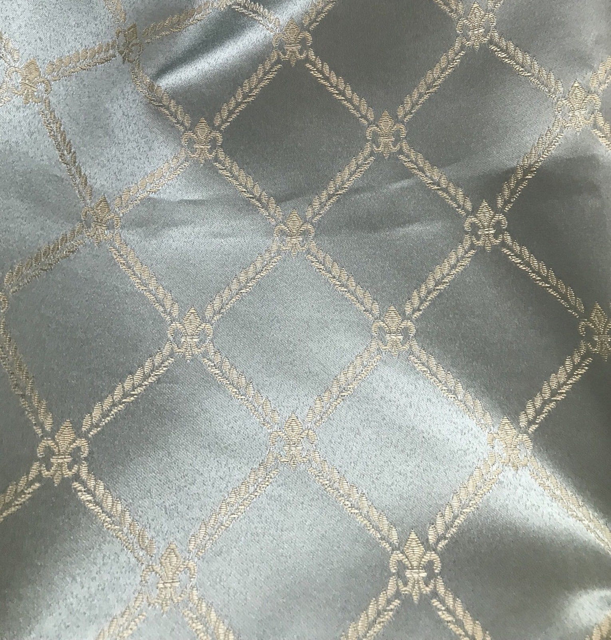 SALE! Designer Brocade Satin Fabric- Antique Silver Blue Rope Design Upholstery - Fancy Styles Fabric Boutique