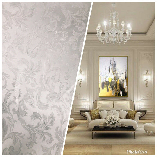 NEW Italian Brocade Satin Fabric- White- Floral Leaves Upholstery Neoclassical - Fancy Styles Fabric Pierre Frey Lee Jofa Brunschwig & Fils