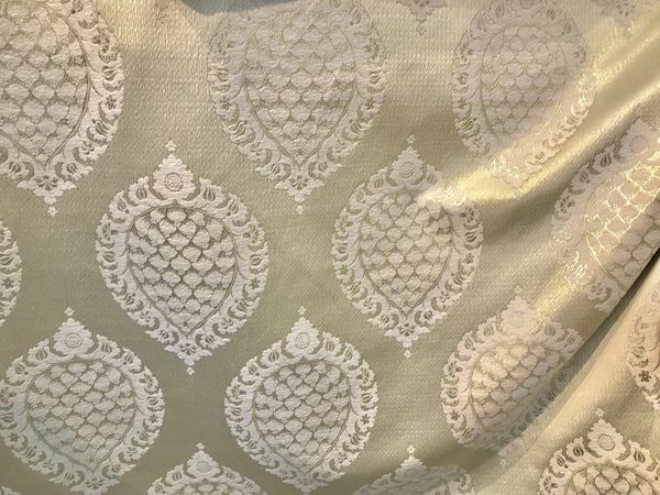 Designer Brocade Satin Fabric- Antique Cream And Gold Damask Decorating - Fancy Styles Fabric Pierre Frey Lee Jofa