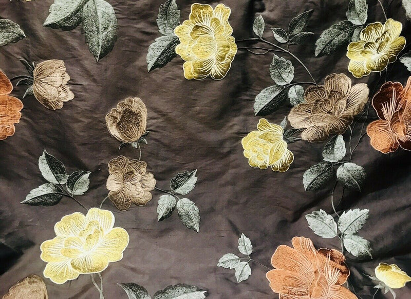 NEW! SALE! Duchess Seraphina 100% Silk Dupioni Embroidered Floral Fabric- Chocolate Brown - Fancy Styles Fabric Pierre Frey Lee Jofa Brunschwig & Fils