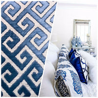 Sir Ryan Designer Burnout Geometric Satin Upholstery Fabric- Blue & Natural BTY - Fancy Styles Fabric Pierre Frey Lee Jofa Brunschwig & Fils