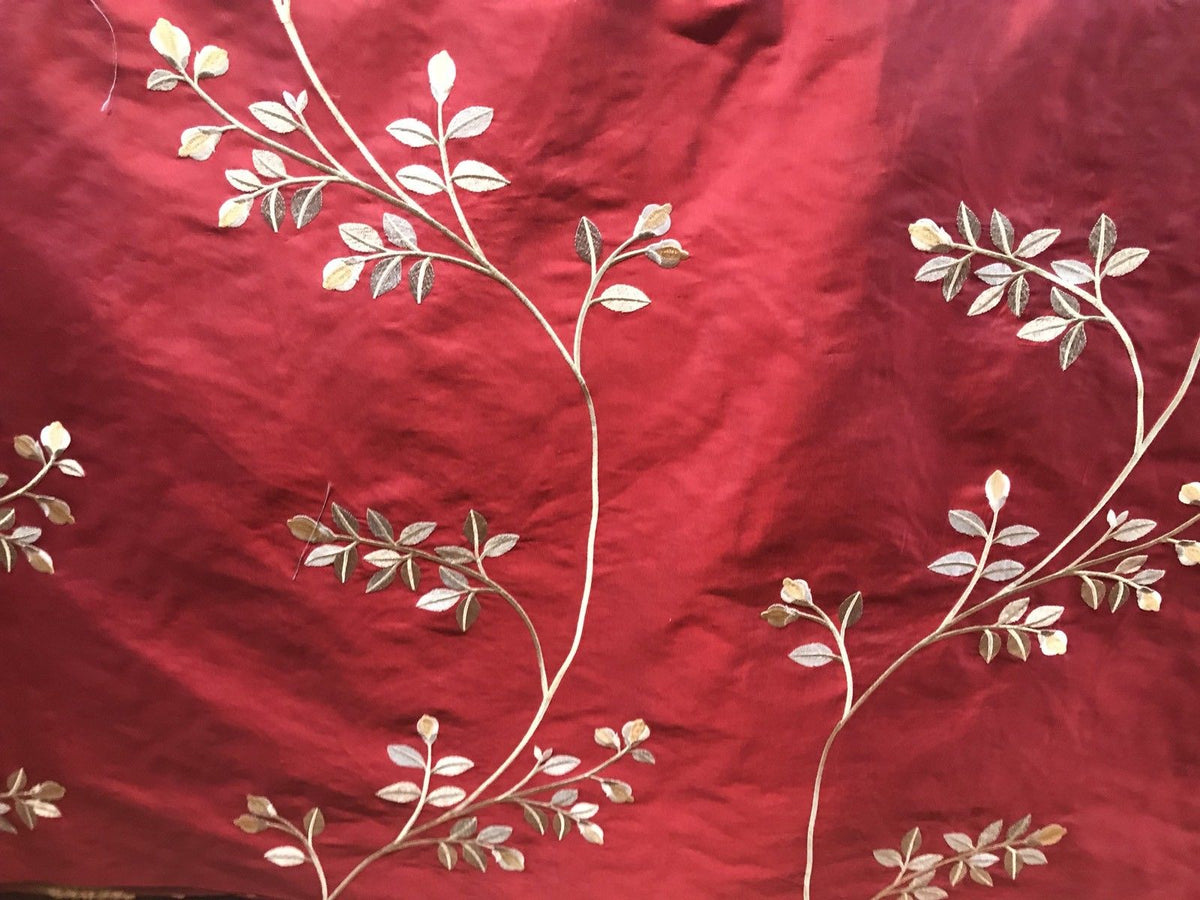 NEW! SALE! 100% Silk Taffeta Embroidered Floral Motif Fabric - Dark Red - Fancy Styles Fabric Boutique