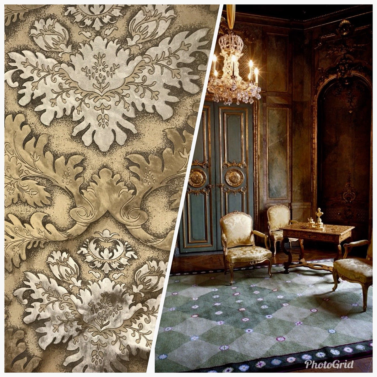 SWATCH Designer Burnout Damask Cut Velvet Fabric Metallic Gold & Beige Drapery - Fancy Styles Fabric Boutique