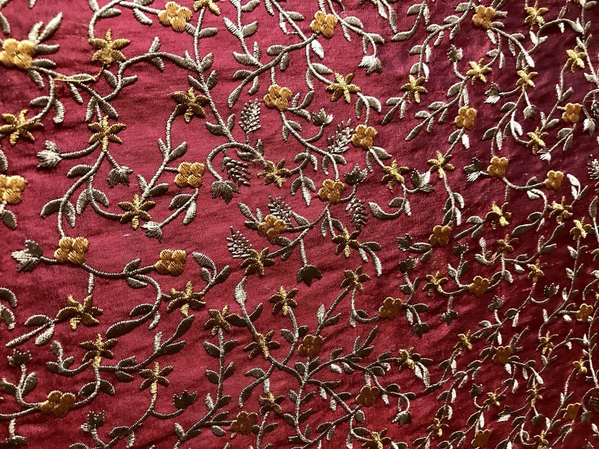 SALE! Designer 100% Silk Taffeta Embroidered Fabric - Red Floral - Fancy Styles Fabric Boutique