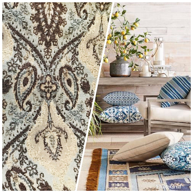 NEW Double Sided Burnout Kilim Rug Inspired Fabric- Blue Brown Upholstery - Fancy Styles Fabric Boutique