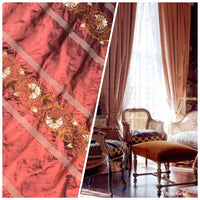 SALE! Designer 100% Silk Taffeta Embroidered Drapery Fabric - Rust Red Floral - Fancy Styles Fabric Boutique