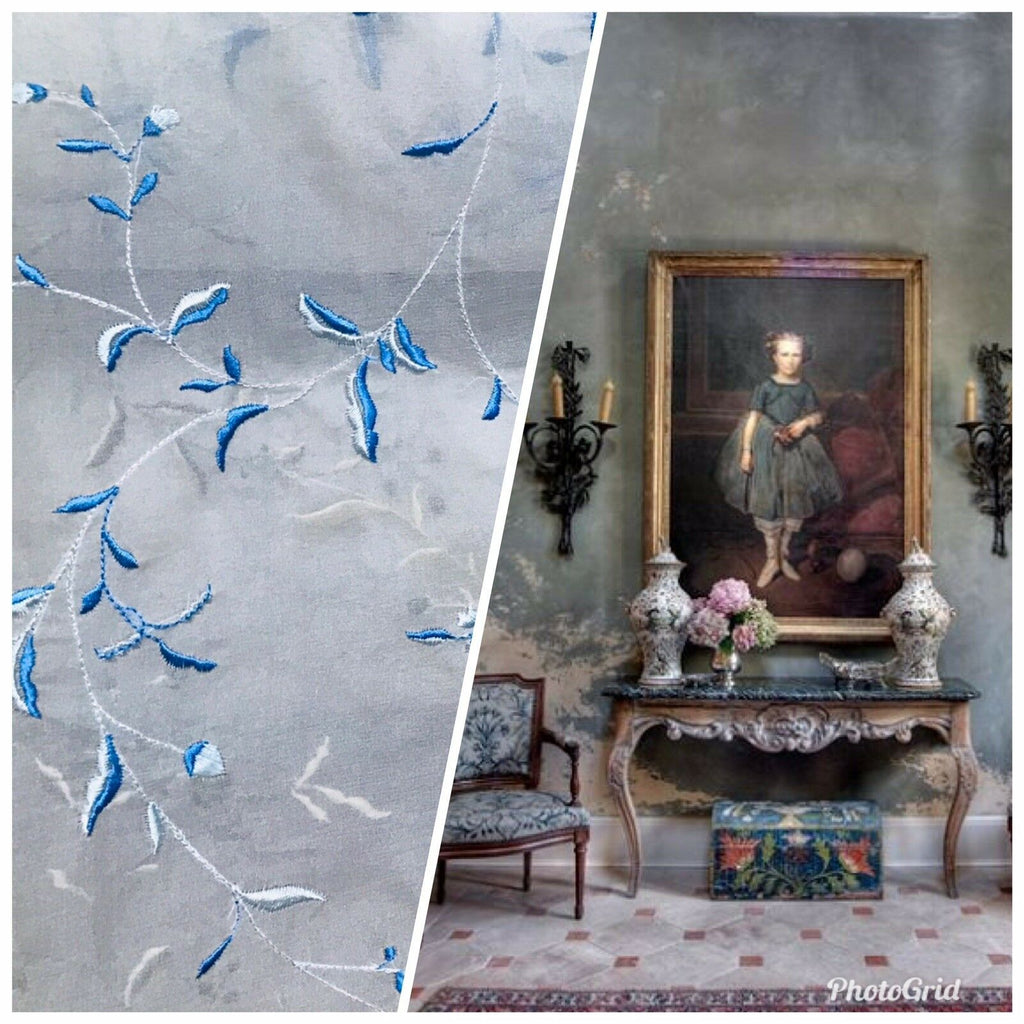 Princess Delphine 100% Silk Voile Organza Sheer Embroidery Drapery Fabric- Floral White & Blue - Fancy Styles Fabric Pierre Frey Lee Jofa Brunschwig & Fils