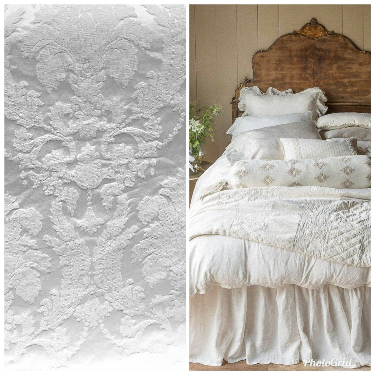 Duchess Taylor Designer Brocade Satin Fabric- Bleached White- Drapery Upholstery Damask - Fancy Styles Fabric Pierre Frey Lee Jofa Brunschwig & Fils