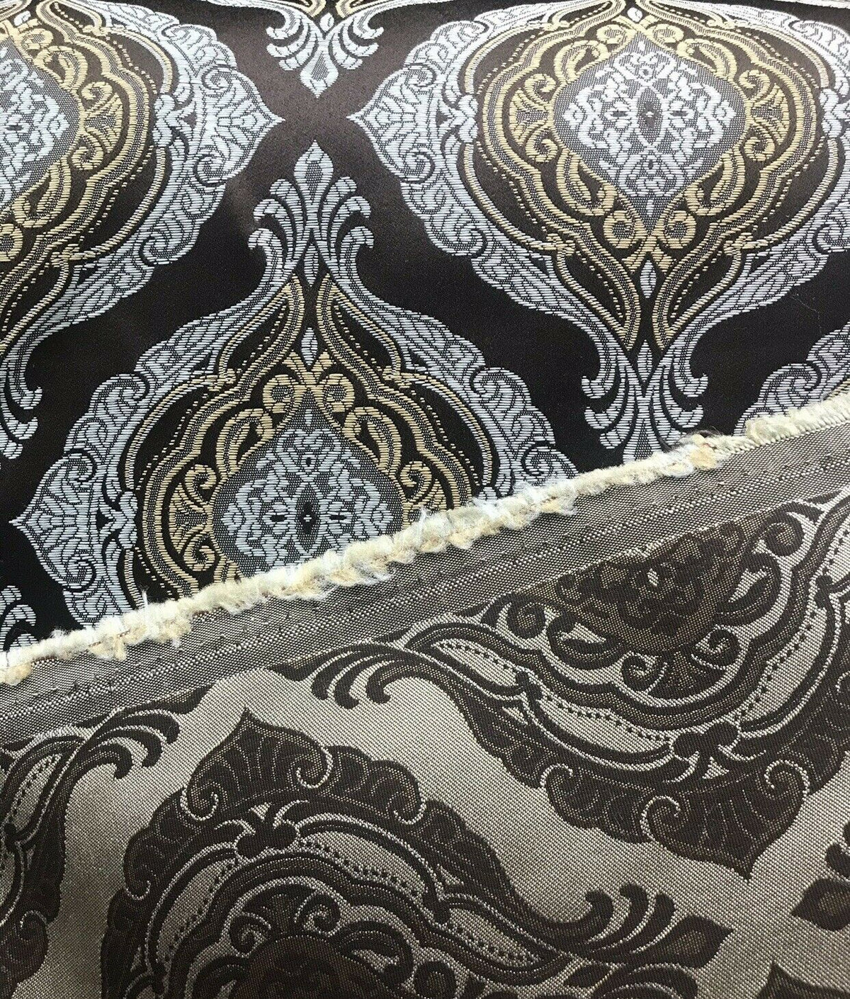 Duke Joseph Designer Brocade Satin Fabric Brown, Pale Blue, Gold - Damask G3 - Fancy Styles Fabric Pierre Frey Lee Jofa Brunschwig & Fils