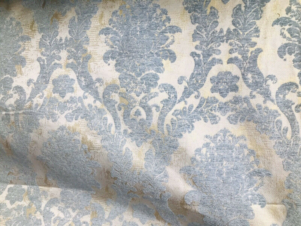 Lord Augustin Designer Velvet Chenille Burnout Damask Upholstery Fabric - Blue & Gold - Fancy Styles Fabric Pierre Frey Lee Jofa Brunschwig & Fils