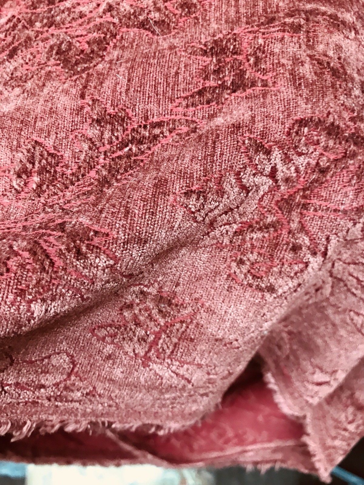 SALE! Designer Velvet Chenille Burnout Fabric - Antique Raspberry Red - Fancy Styles Fabric Boutique