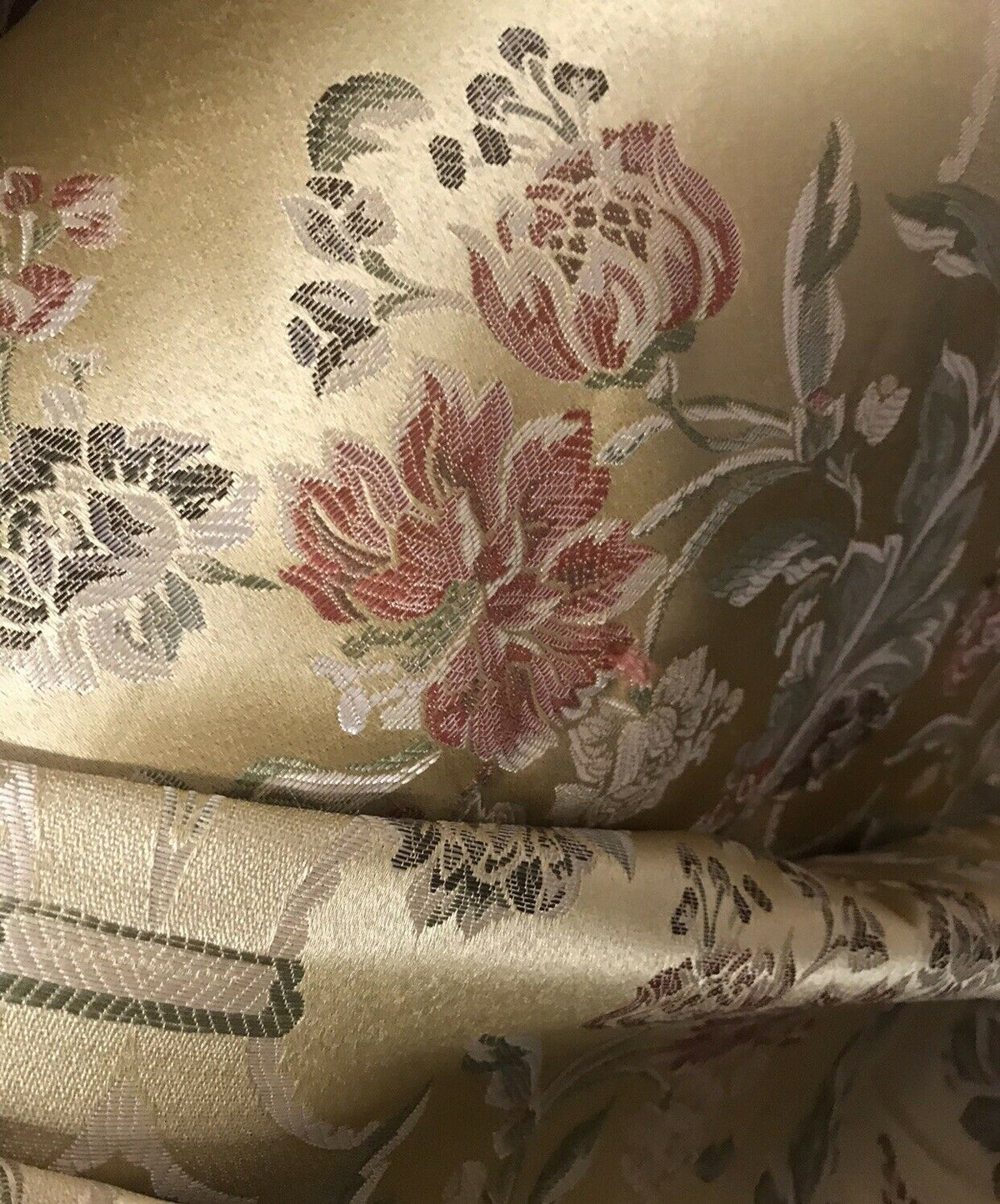 NEW SALE 110” Wide Princess Holly Designer Brocade Satin Fabric- Antique Yellow Gold Floral Damask - Fancy Styles Fabric Pierre Frey Lee Jofa Brunschwig & Fils