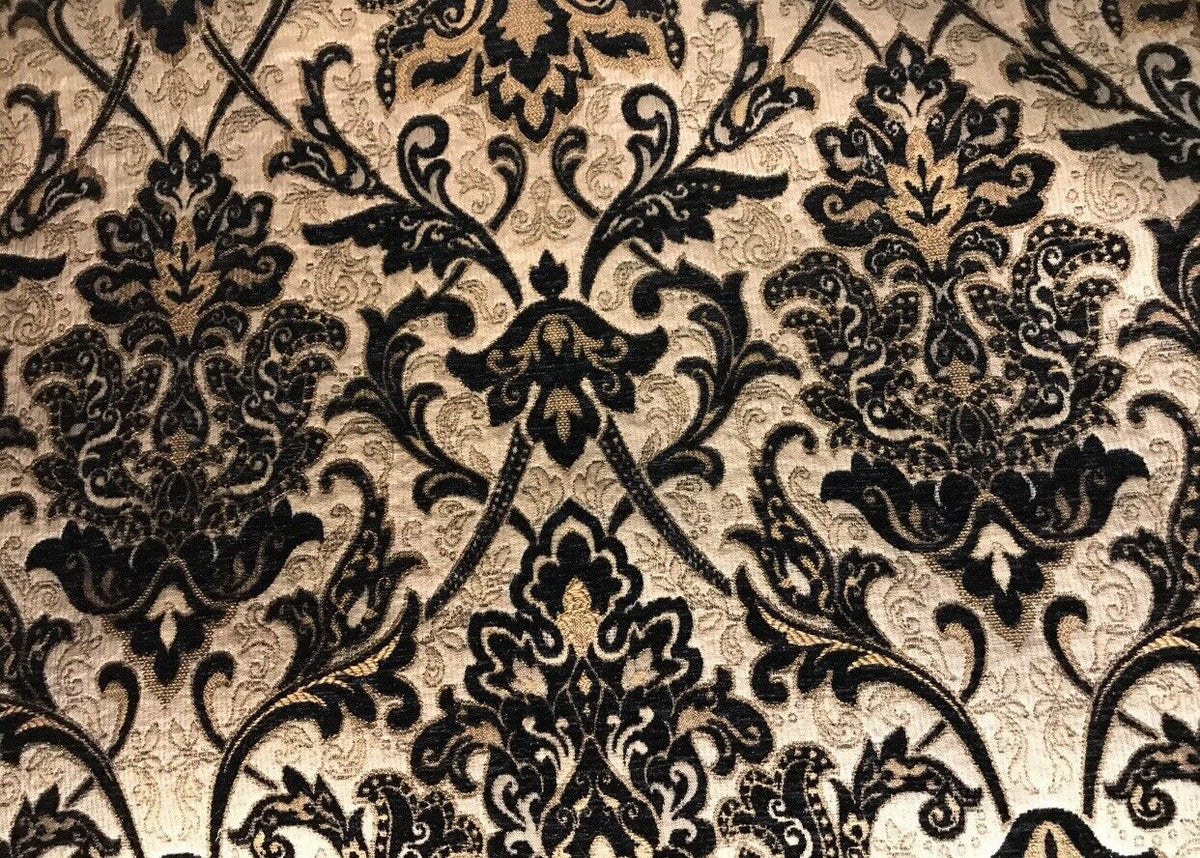 King Christopher Designer Velvet Chenille Burnout Damask Brocade Fabric - Black Beige Gold BTY - Fancy Styles Fabric Pierre Frey Lee Jofa Brunschwig & Fils