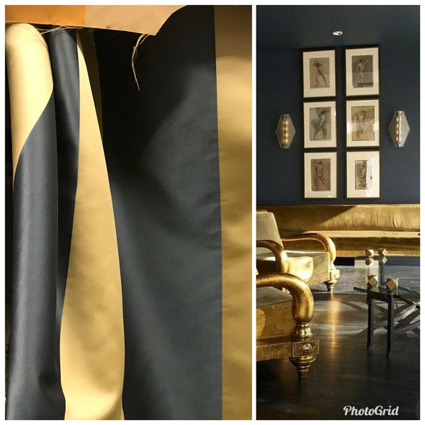 60” Wide- Designer Satin Drapery Fabric - 6” Gold And Charcoal Gray Stripes - Fancy Styles Fabric Pierre Frey Lee Jofa Brunschwig & Fils