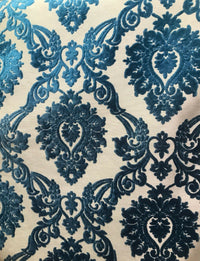 Duke Raphael Designer Damask Burnout Chenille Velvet Fabric - Dark Turquoise Blue- Upholstery - Fancy Styles Fabric Pierre Frey Lee Jofa Brunschwig & Fils