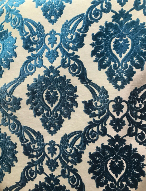 Duke Raphael Designer Damask Burnout Chenille Velvet Fabric - Dark Turquoise Blue- Upholstery - Fancy Styles Fabric Pierre Frey Lee Jofa Brunschwig & Fils