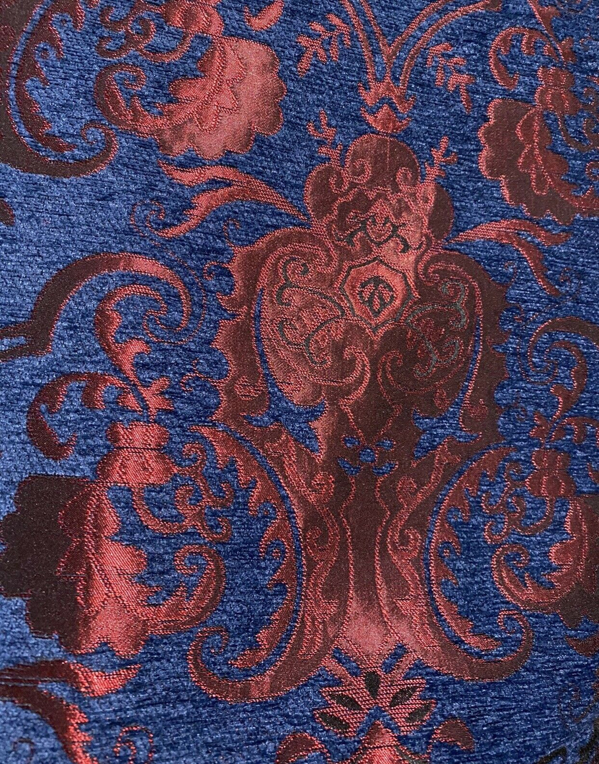 NEW Lady Emile Designer Damask Burnout Chenille Velvet Fabric - Blue & Metallic Red BTY - Fancy Styles Fabric Pierre Frey Lee Jofa Brunschwig & Fils
