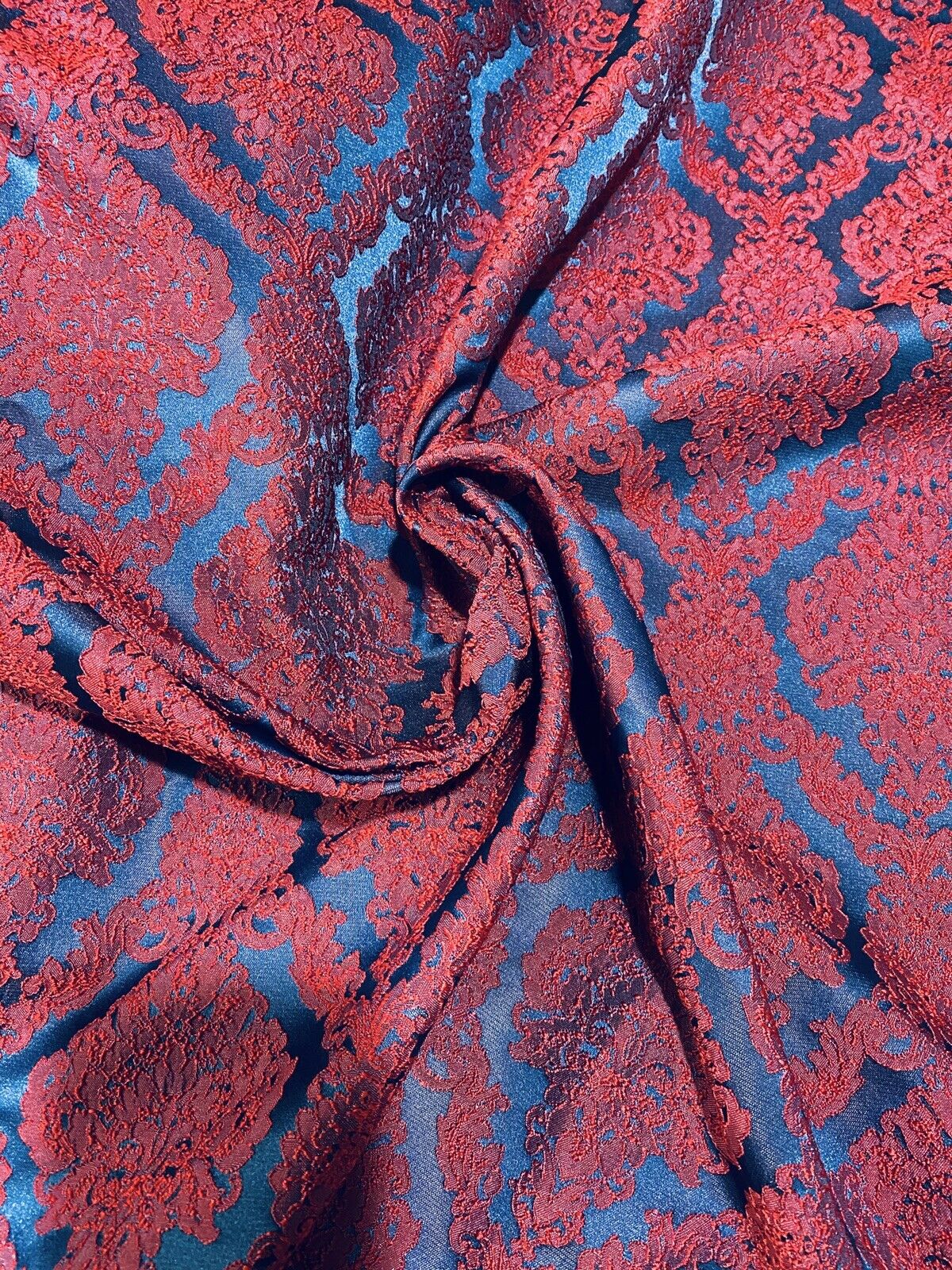 NEW Princess Giselle Designer Damask Satin Drapery Upholstery Fabric - Electric Red & Navy Blue - Fancy Styles Fabric Pierre Frey Lee Jofa Brunschwig & Fils