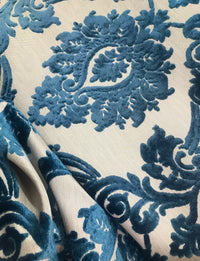 Duke Raphael Designer Damask Burnout Chenille Velvet Fabric - Dark Turquoise Blue- Upholstery - Fancy Styles Fabric Pierre Frey Lee Jofa Brunschwig & Fils