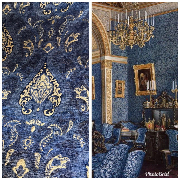 SWATCH Designer Upholstery Chenille Velvet Fabric - Blue Gold - Fancy Styles Fabric Pierre Frey Lee Jofa Brunschwig & Fils